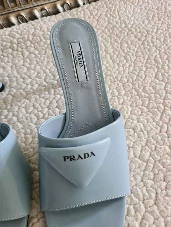 PRADA Burnished Leather Heeled Slide Sandals In Celeste EU 37.5 US 7.5 Org $1295 - Picture 9 of 16